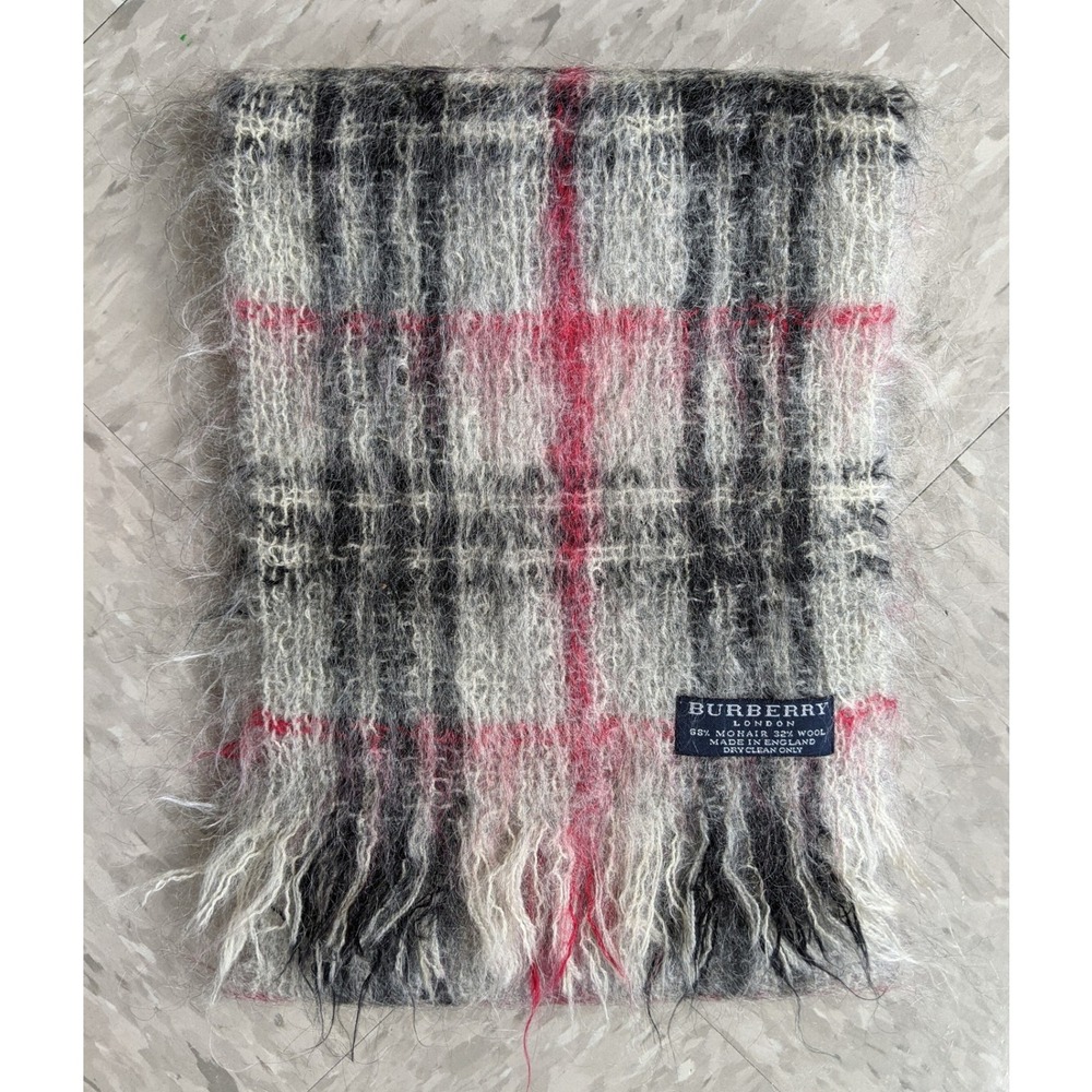 Burberry London Mohair Wool Plaid Skinny Scarf Grey Red Made in England